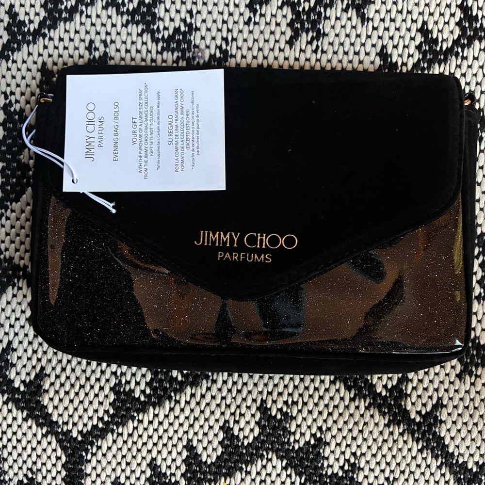 Jimmy Choo Parfums Black Shimmer Gold Chain Women's Bag Clutch Snap Closure New - Picture 2 of 7